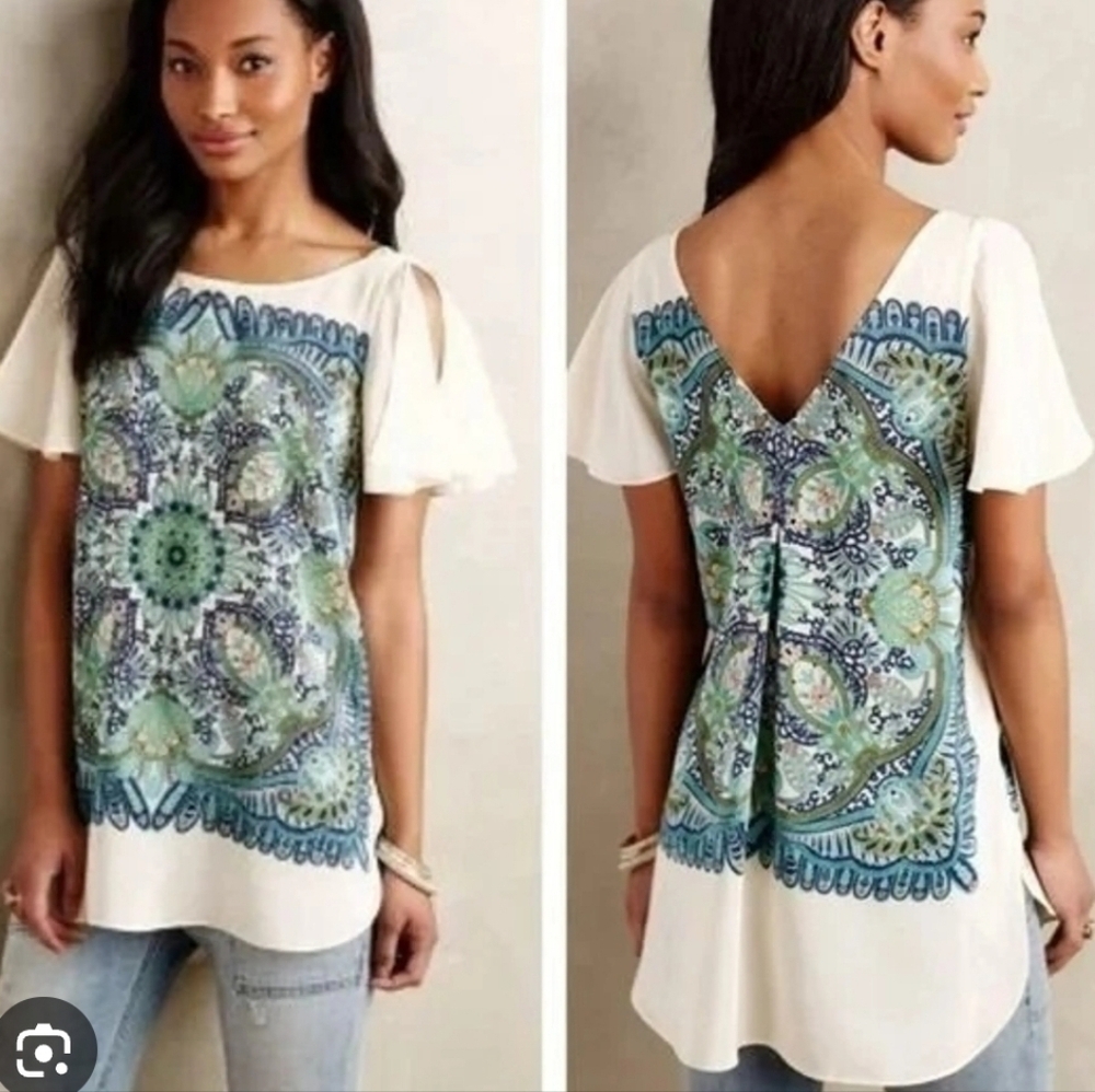 Maeve Ludovica Silk Tunic Blouse Paisley Mandala Print S Flutter Sleeves Boho